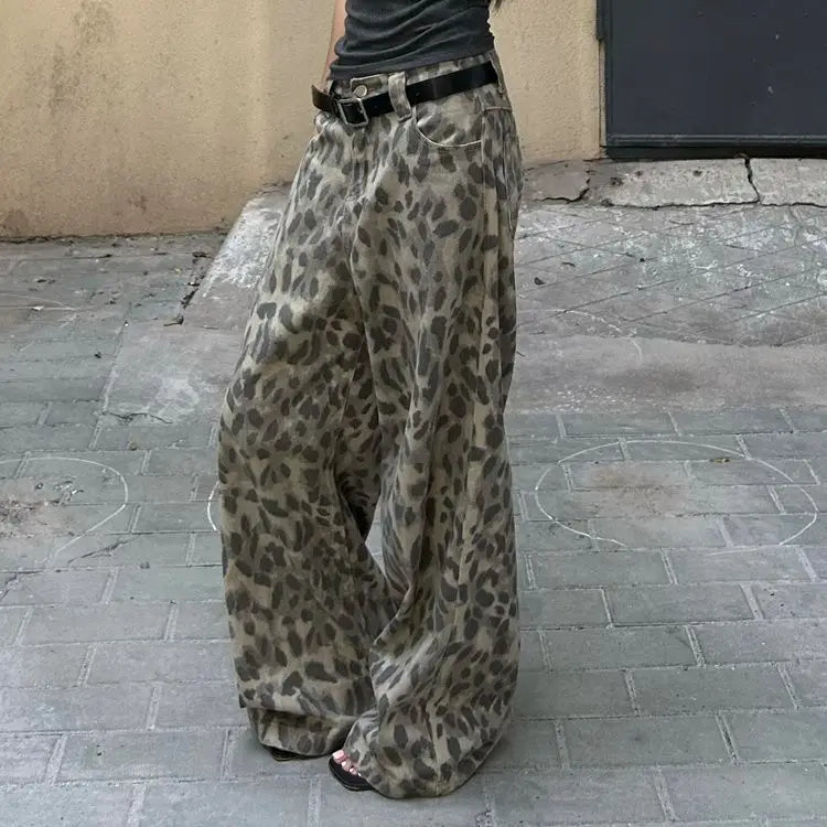 Y2k Washed Leopard Jeans Animal Print American Vintage Wide Leg Denim Pants Baggy Streetwear Gyaru Trousers