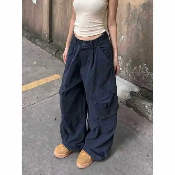Washed Cotton Cargo Pants Loose Wide Leg Street Dance Long Trousers Multi Pocket Workwear High Waist Casual Pants