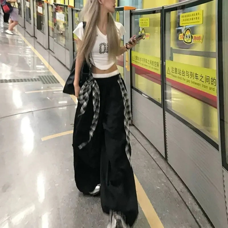 Y2K American Black Retro Hip-Hop Spliced Plaid Belt Girl Loose Casual High Waist Wide-Leg Quick-Drying Sweatpants