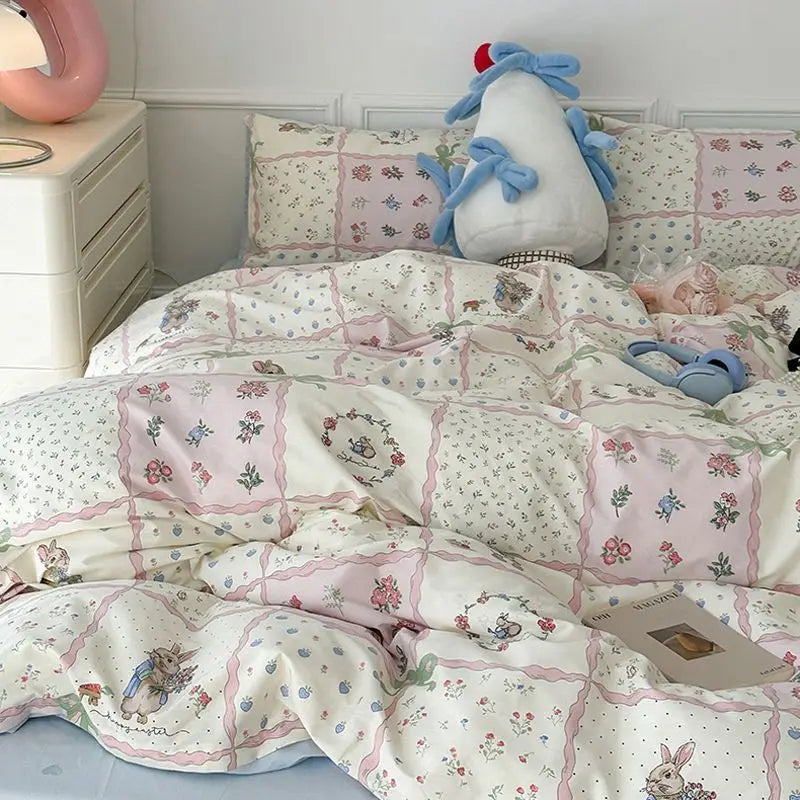 Ins Style Duvet Cover Set with Flat Sheet Pillowcases Cute Orange Cherry Crow Printed Single Double Queen Size Girls Bedding Kit