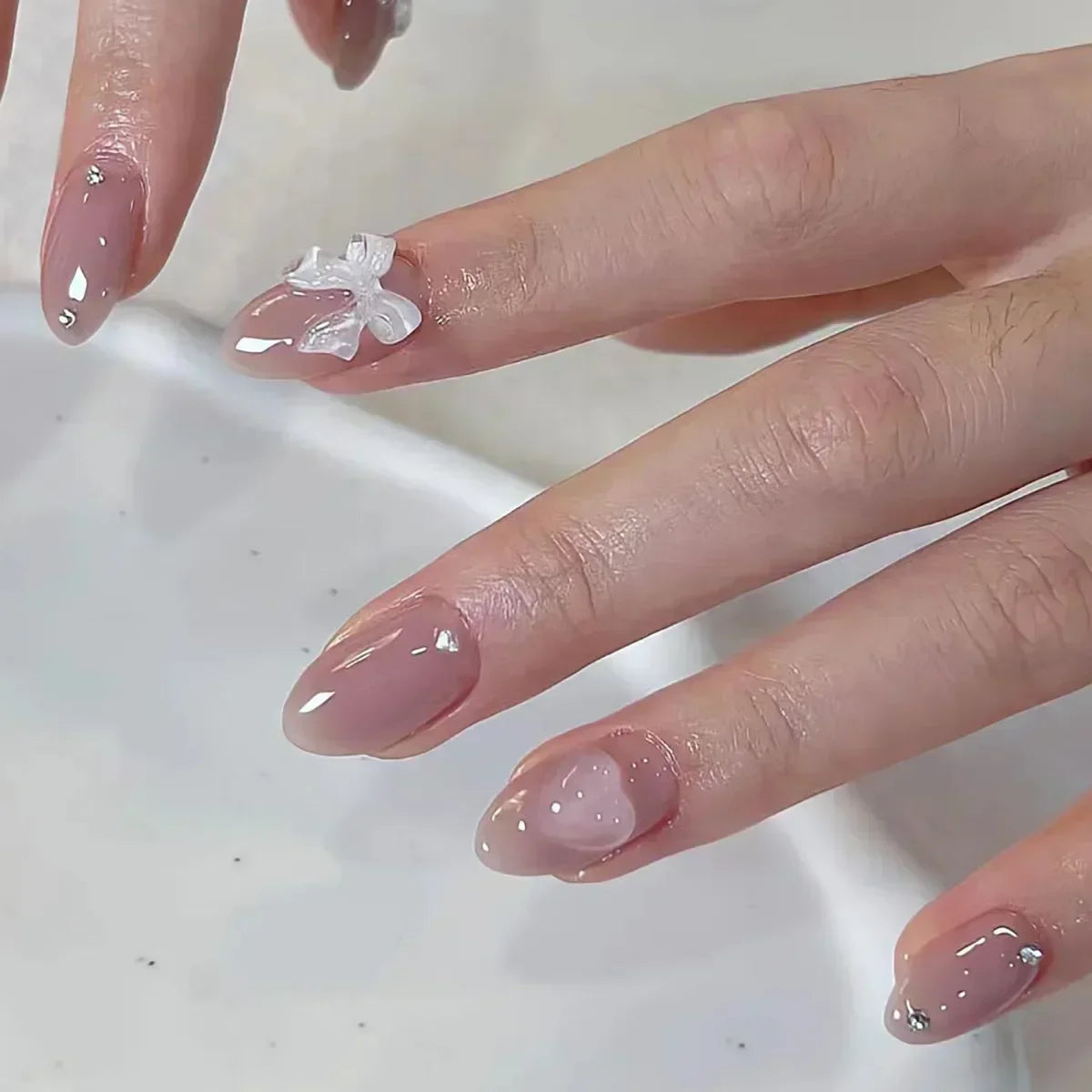 24Pcs Almond Pure Handmade Press On Nails Full Cover Butterfly French Pearl Diamond False Nails Wearable Manicure Nail Tips Art