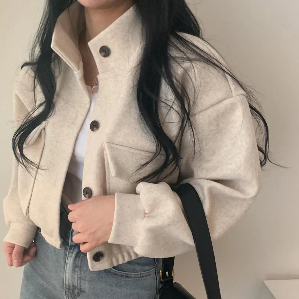 Loose Woolen Coat Large Size with Pockets Small Stand Collar Long Sleeve Button Hong Style Clothing