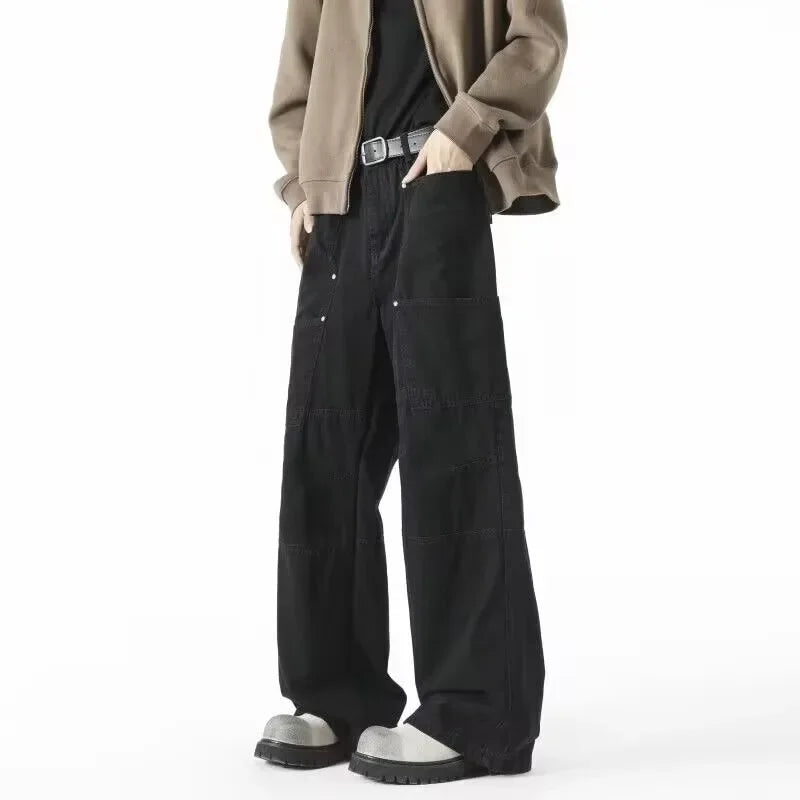 American Retro High Street Pocket Design Jeans Loose Casual Straight Leg Vibe Wide Leg Floor-Length Trendy Pants