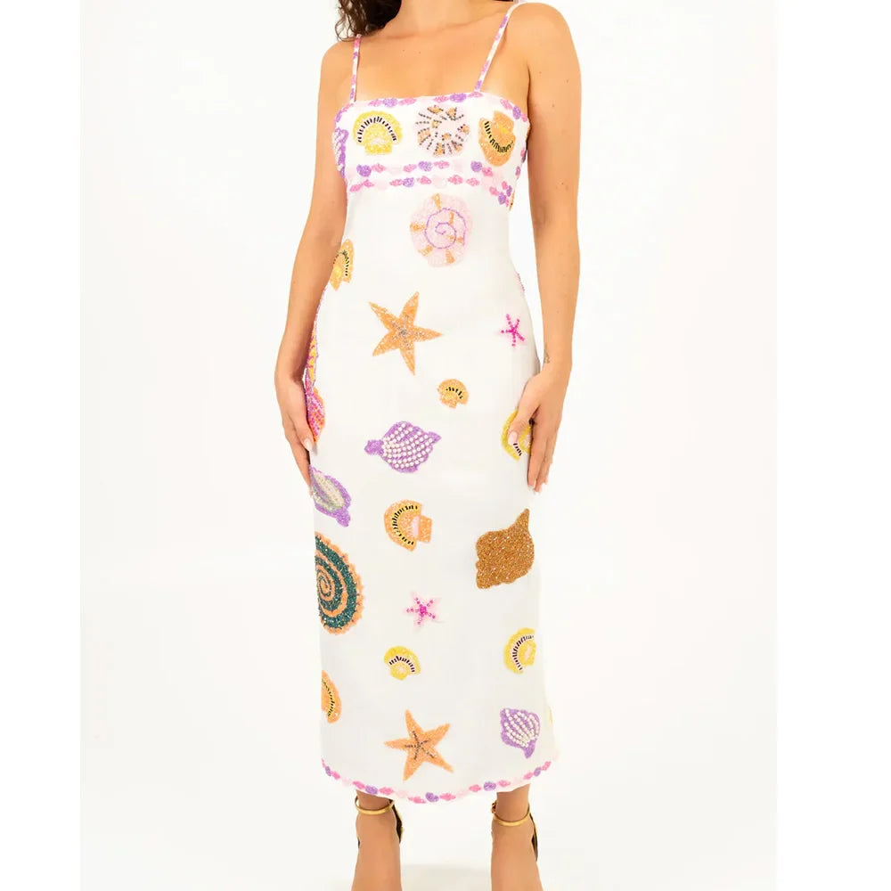 y2k Vintage Starfish Sequins Maxi Dress Sleeveless Bodycon Tank Dress Backless Beach Party Long Dresses