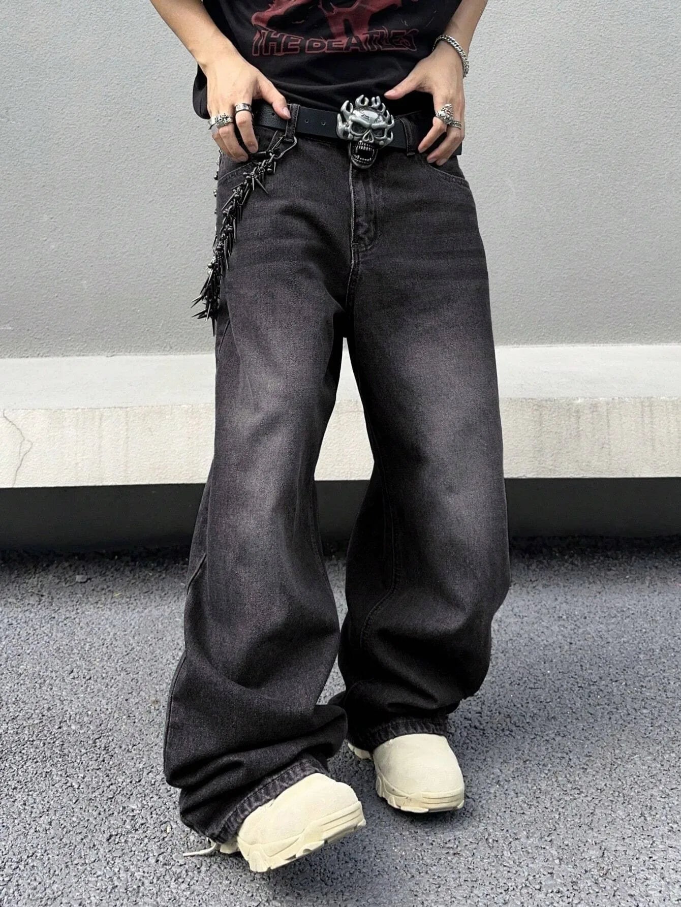 1Pc Daily Travel Casual American Street Loose Jeans, Black, Light Blue, Sea Blue Street Style Retro Lantern JeansJeans Pants