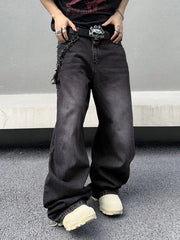 1Pc Daily Travel Casual American Street Loose Jeans, Black, Light Blue, Sea Blue Street Style Retro Lantern JeansJeans Pants