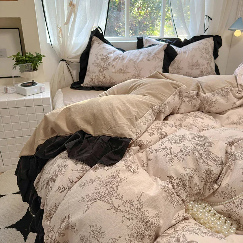 1.5/1.8 Korean Style 100% Cotton Fitted Sheet Sets with Lace Flower Print Bedding Set