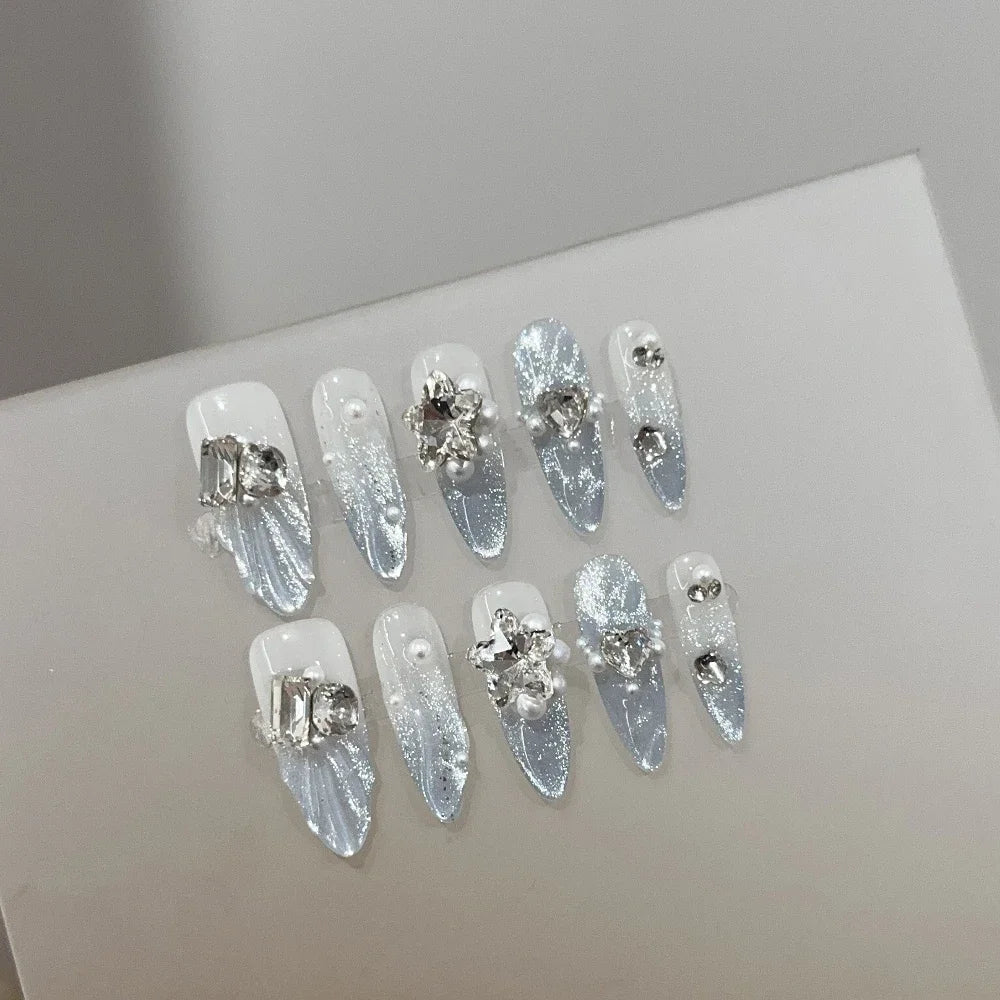 Sweet Lovely Cartoon Bear Long Coffin Stiletto Fake Nails Bowknot Pearl Diamond Flowers Cat Eyes Wearable Fake Nails