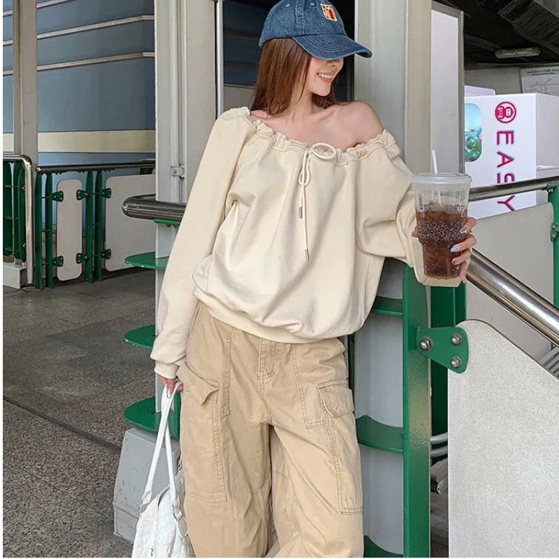 Bandage Pleated Solid Lazy Style Hoodies Sweatshirts Long Sleeve Loose Tops Korean Casual Clothing