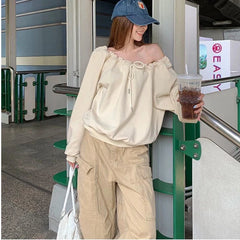 Bandage Pleated Solid Lazy Style Hoodies Sweatshirts Long Sleeve Loose Tops Korean Casual Clothing