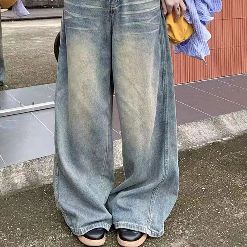 Vintage Chicly Button Jeans American Simple Baggy High Waisted Denim Pants Washed Y2K Wide Leg Jean Trousers