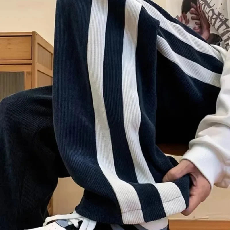 High Waist Thickened Fleece Lined Corduroy Pants Casual Straight Leg Trousers Color Block Stripe Design Trendy Long Pant
