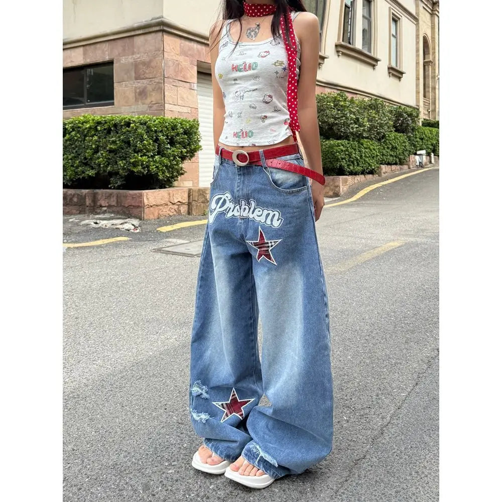 Blue Gothic Ripped Jeans Baggy Denim Trousers Harajuku Oversize Jean Pants Vintage 2000s Trashy Clothes