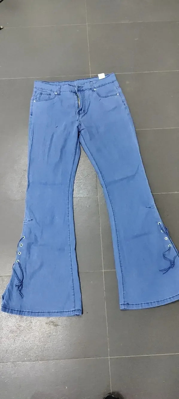 Full Length Flare Pants Jean Washed Denim Pants Zipper Fly Loose Fit Pockets High Waist Basics Lace Up Vintage Solid