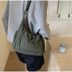Korean Nylon Shoulder Bag Simple Plaid Zipper Tote Bag Drawstring Pleated Cloud Bag Commuter Crossbody Shoulder Bag