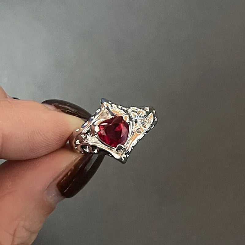 Y2K Crystal Rings Kpop Heart Adjustable Ring Irregular Geometry Punk Vintage Rings Set