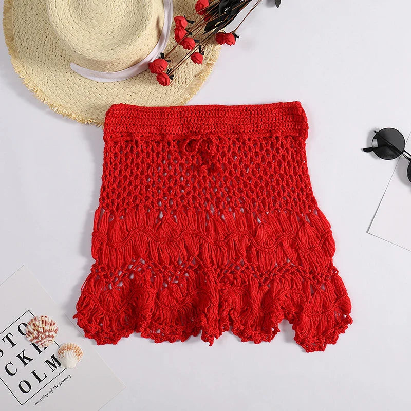 Handmade Crochet Hollow Out Swimwear Cover Up Solid Color Drawstring Short Skirt Holiday Knitting Sweet Beachwear
