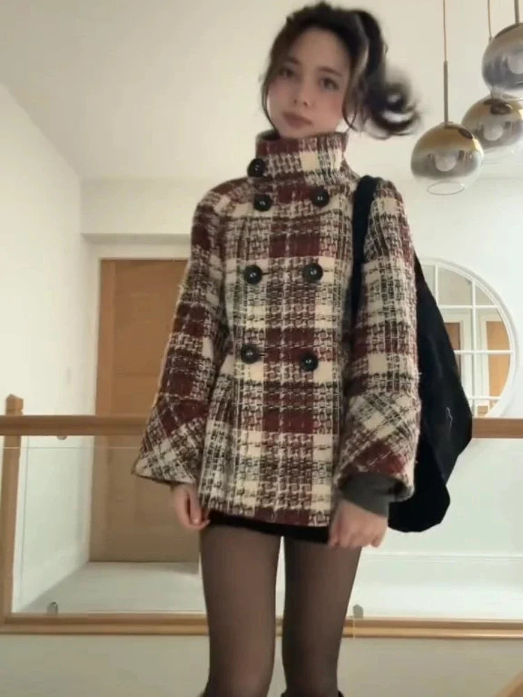 Warm Checkered Turtleneck Shoulder Straight Coat Double Breasted Full Sleeve Middle Long Coat Lady Chic Coat