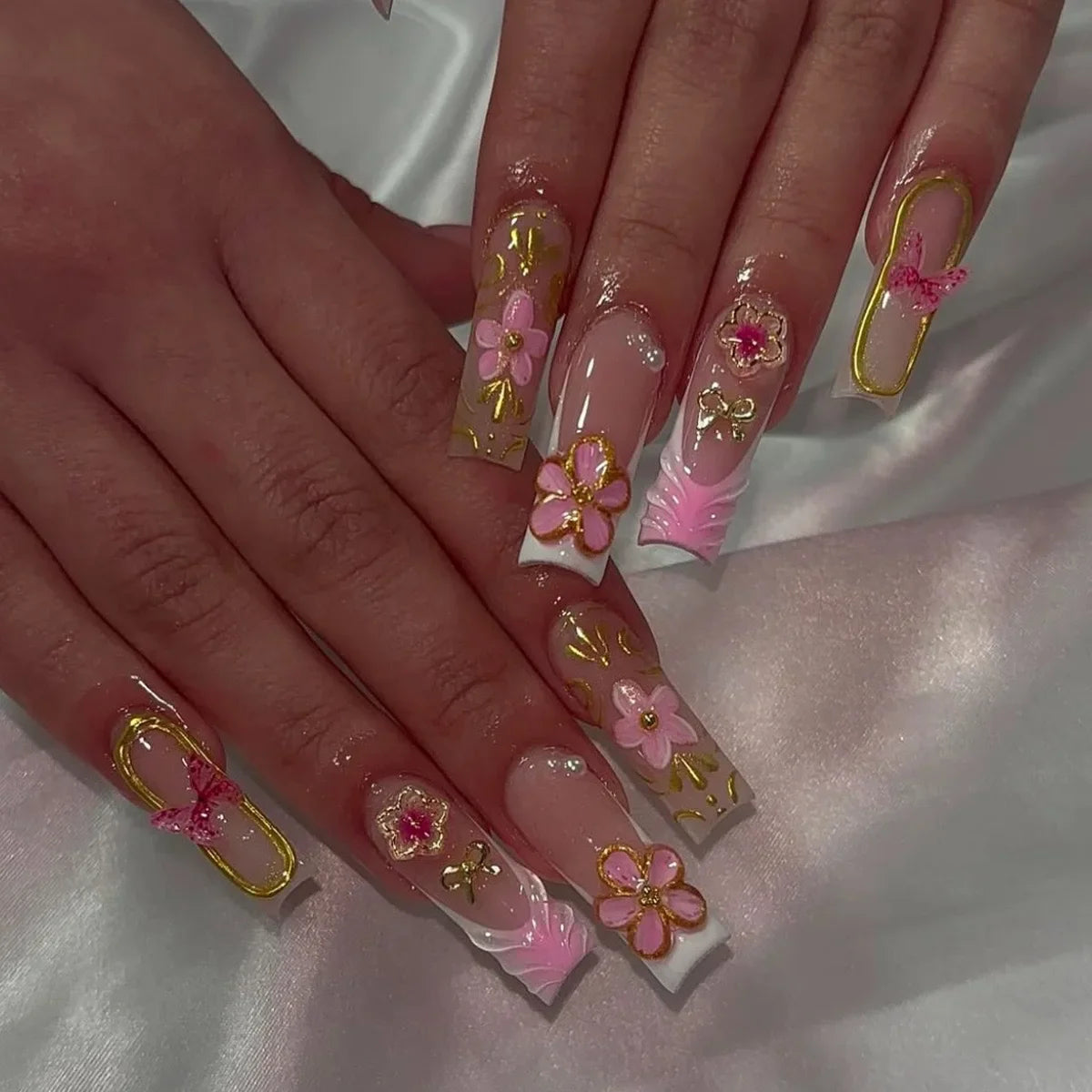 24pcs Fresh Long Coffin Fake Nails Yellow French Style Flower Printed Metal Butterfly Designs Press On Nails False Nail