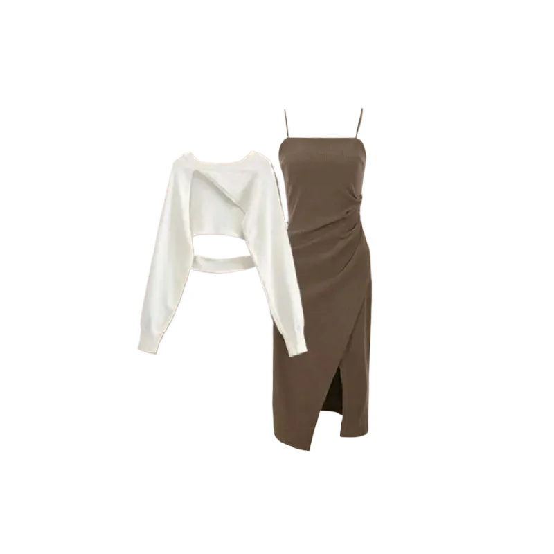 Vintage Short Knit Blouse+Split Sling Skirt 2-Piece Suit Korean Elegant Long Sleeve Top Dress Matching Set