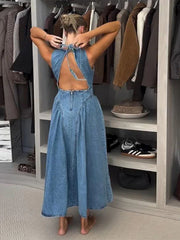 Trendy Denim Dresses Backless Sleevess Long O-Neck Dress Vintage Washed Blue Casual Daily Beach Streetwear