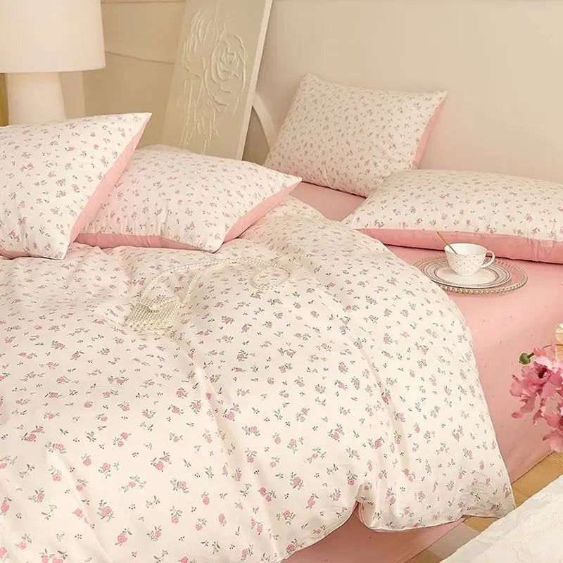 Floral Duvet Cover Set with Flat Sheet Pillowcase No Filler Girls Twin Full Queen Size Korean Soft Bedding Set