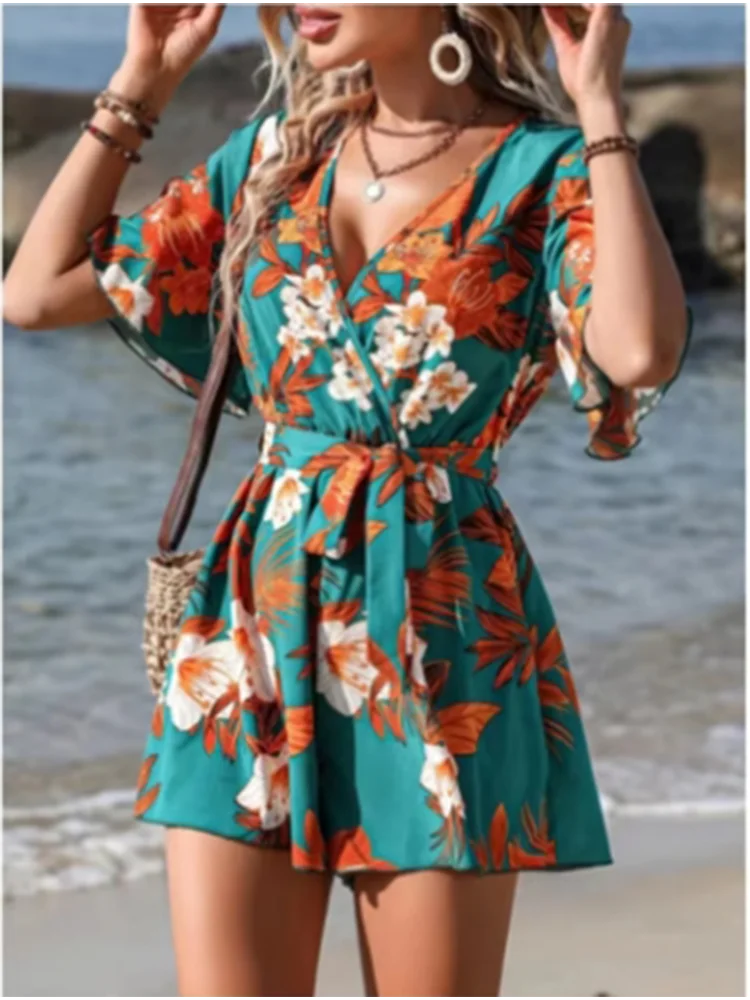 Printed V-neck Short Sleeve Jumpsuit Loose High Waisted Jumpsuit Beach Vacation Comfortable Clothes