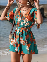 Printed V-neck Short Sleeve Jumpsuit Loose High Waisted Jumpsuit Beach Vacation Comfortable Clothes