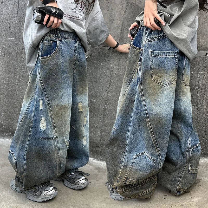 American Tween Girl High Distressed Wide Leg Banana Jeans