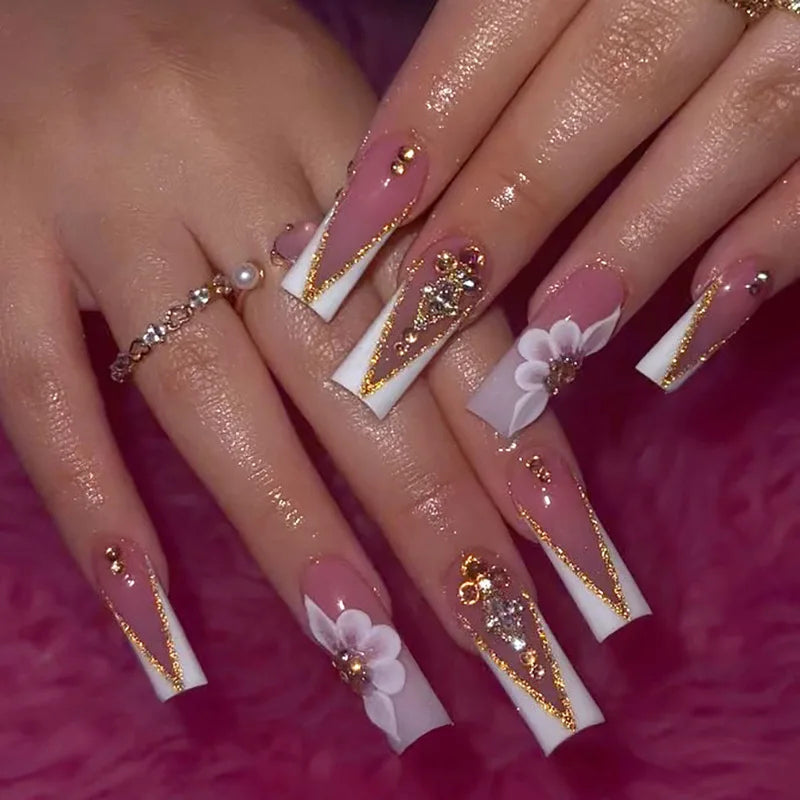 24pcs Rhinestones Full Cover Nail Art Datachable Glitter French Press on Nails Tip Flower Long Square Fake Nail Pink False Nails