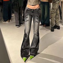 Jeans American Retro Street Style Plant Print Washed Vintage Low-Rise Flare Pants Trendy Versatile