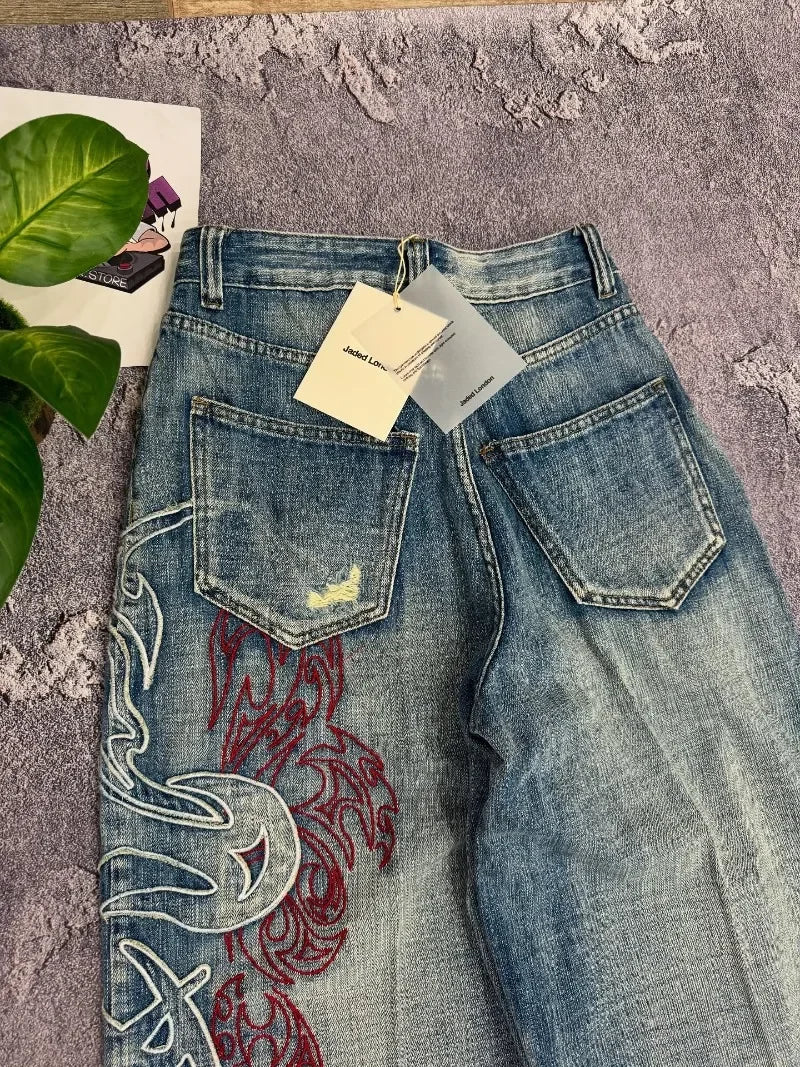 American Y2K Pattern Embroidery Baggy Jeans High Street Vintage Hip Hop Casual Joker Couple Wide-leg Pants