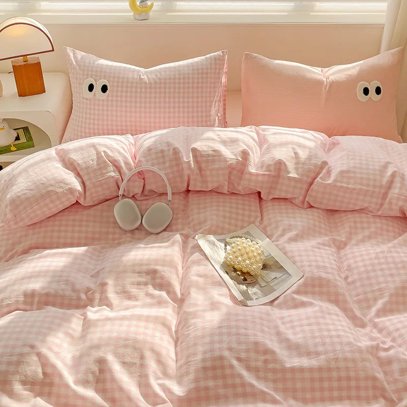 Small Fresh Cream Style Striped Simple Embroidery Big Eyes Four-piece Bed Sheet Quilt Cover Bed Sheet Dormitory Three-piece Set