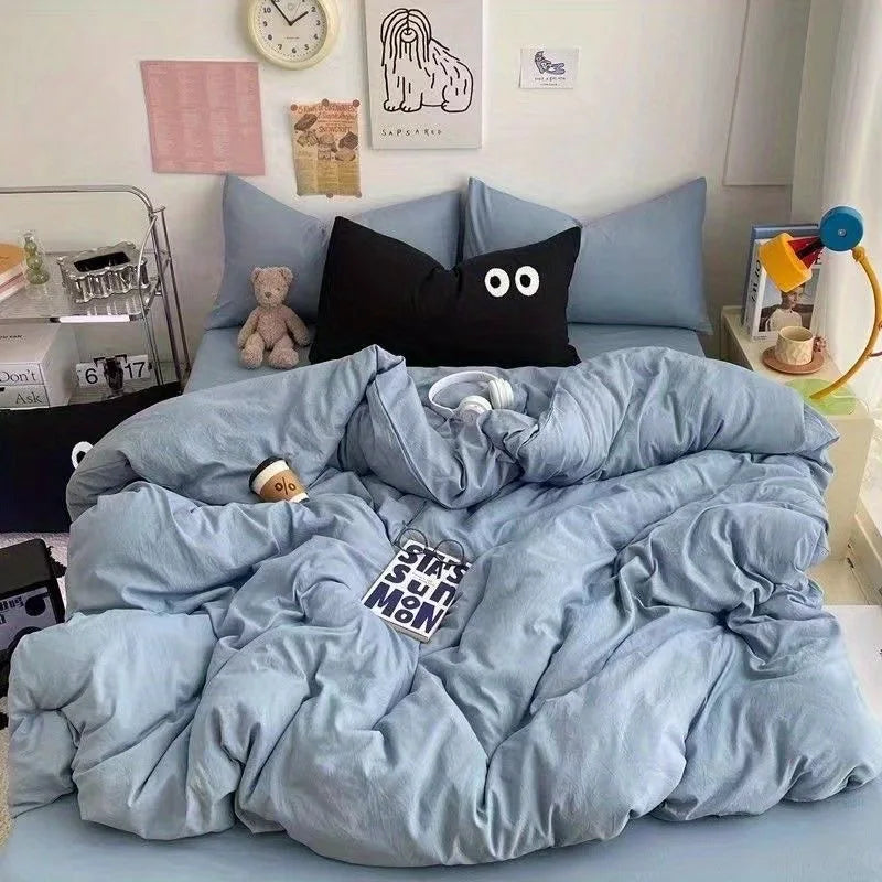 Cute Duvet Cover Set with Sheet Pillowcase No Filler Warm Solid Color Bed Linen Full Queen Size Korean Big Eyes Home Bedding Set