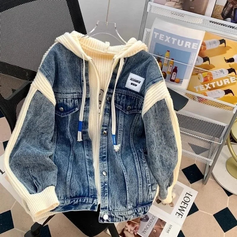 Loose Lazy Style Denim Patchwork Hoodie Outerwear Sweater Jacket Korean Version Casual Coat