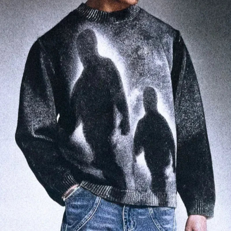 High Street Gradient Abstract Artistic Portrait Pattern Loose Knit Pullover European Punk Gothic Round Neck Long Sleeve Sweater