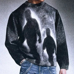 High Street Gradient Abstract Artistic Portrait Pattern Loose Knit Pullover European Punk Gothic Round Neck Long Sleeve Sweater