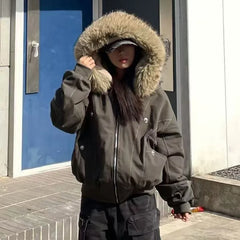 American Street Fur Collar Zipper Hooded Jacket Retro Velvet Thickened Warm Loose
