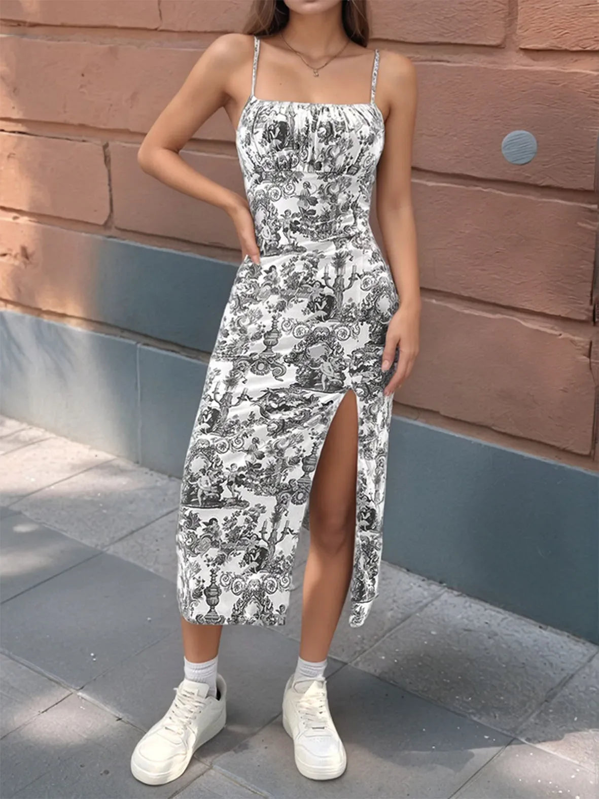 Floral Print Dress Sleeveless High Slit Bodycon Midi Sundress French Vintage Style