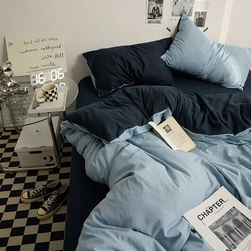 Solid Color Double Washed Cotton Bedding 4 Pieces Set Student Dormitory Bed Linen Duvet Set Bed Suit