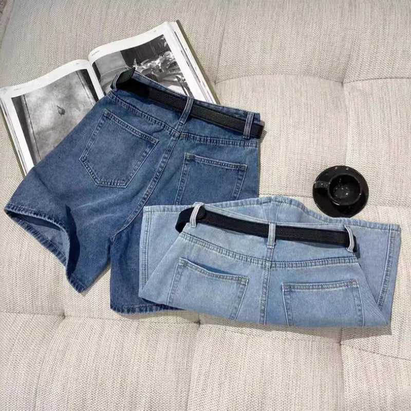 Korean Style Clothing Casual High Waist Denim Shorts Solid Color Loose Wide Leg A-line Pants
