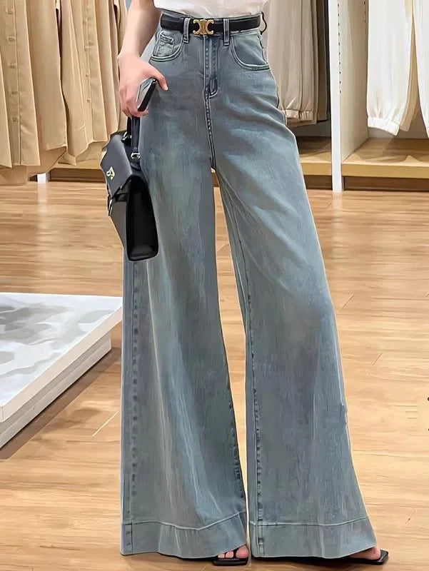 High Waist Wide Leg Denim Jeans Washed Versatile Loose Slimming Draping Long Pants Korean Style