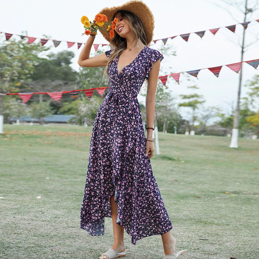 Style Elegant Long Dress Short-sleeved V-neck Bohemian Strappy Holiday Dress