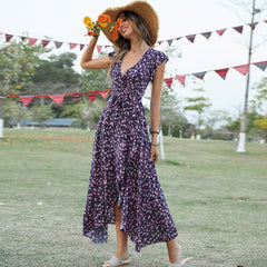 Style Elegant Long Dress Short-sleeved V-neck Bohemian Strappy Holiday Dress