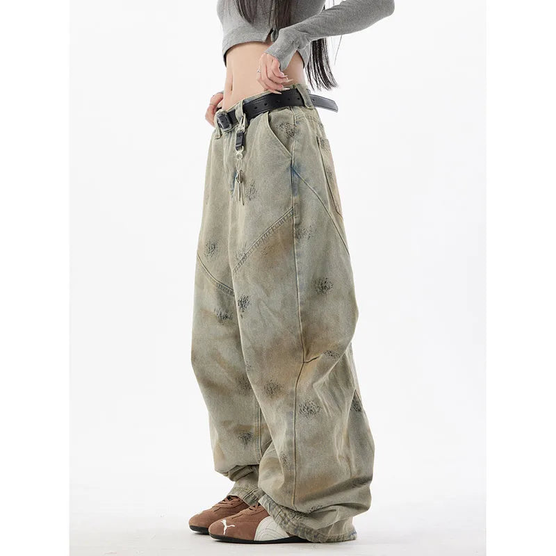 Graffiti Blue Jeans Y2K Vintage High Waisted Jeans Straight Streetwear Loose Large Wide Leg Denim Pants
