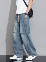 Cargo Jeans Wide Leg Denim Pants Straight Baggy Jeans Asian Size L-5XL