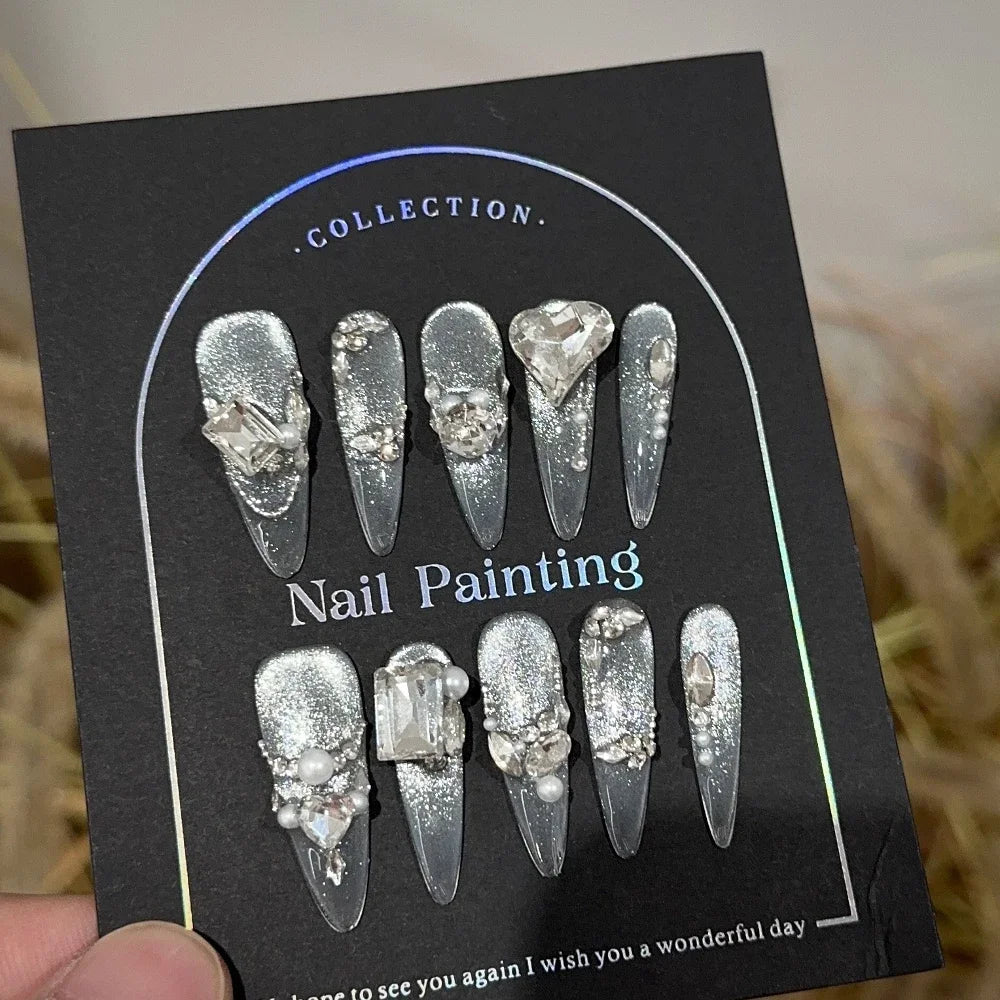 Sweet Lovely Cartoon Bear Long Coffin Stiletto Fake Nails Bowknot Pearl Diamond Flowers Cat Eyes Wearable Fake Nails