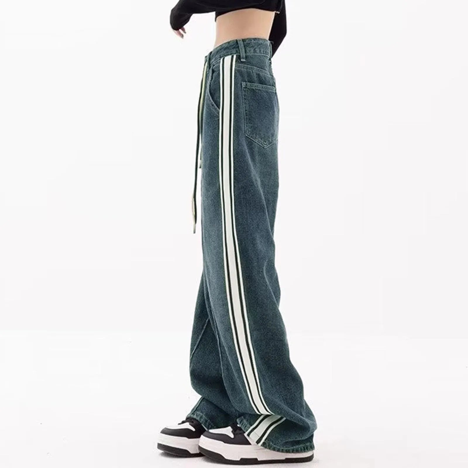 Trendy Denim Pants Striped Drawstring High Waist Jeans Harajuku Y2k Korean Style Vintage Loose Straight Rousers
