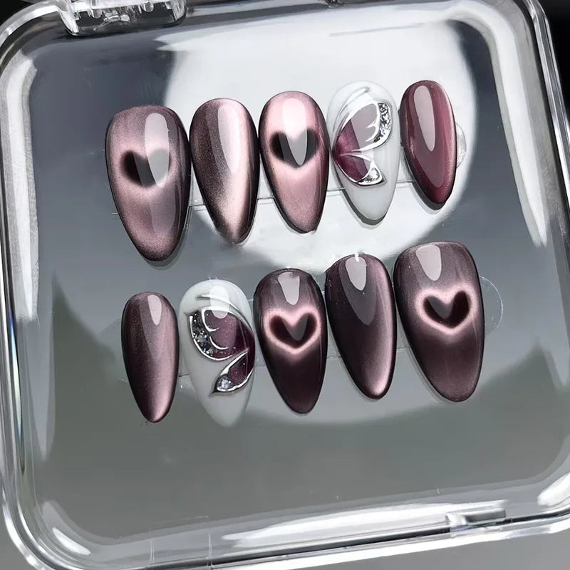 24pcs Wearable False Nail Strawberry Bow Design Nails Tips Red Short Almond Pearl Starlight Fake Nail Art Flower Press on Nails