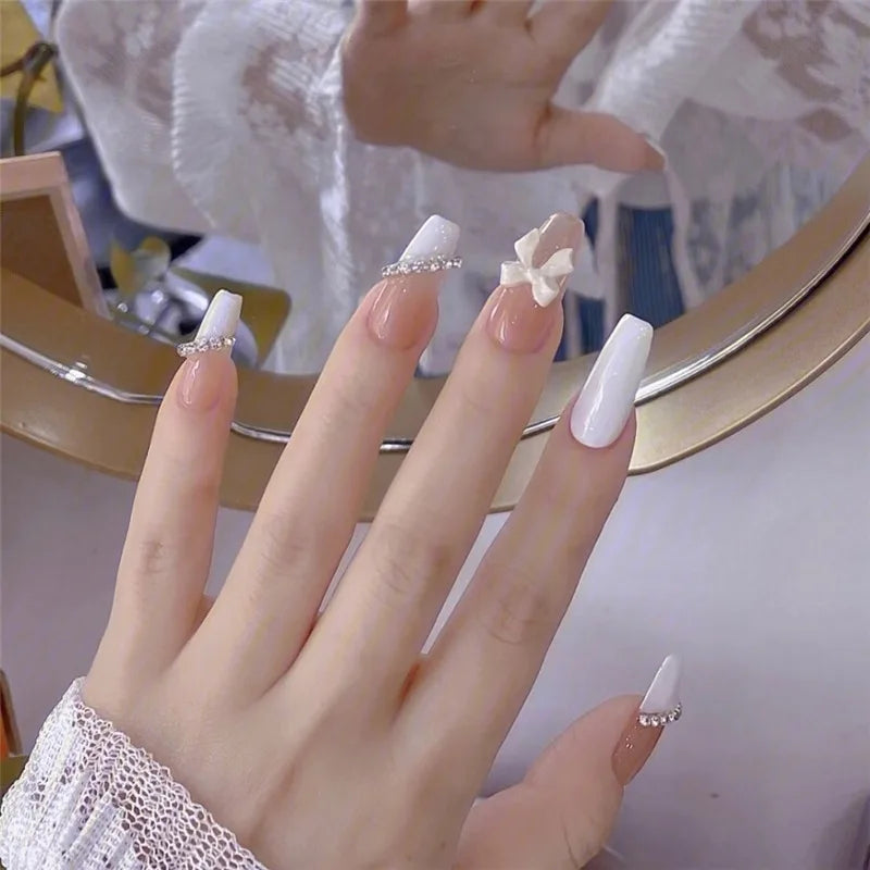 24PCS/1BOX Dark Wind Gradient Long White Bow Nail Patch Fake Nails